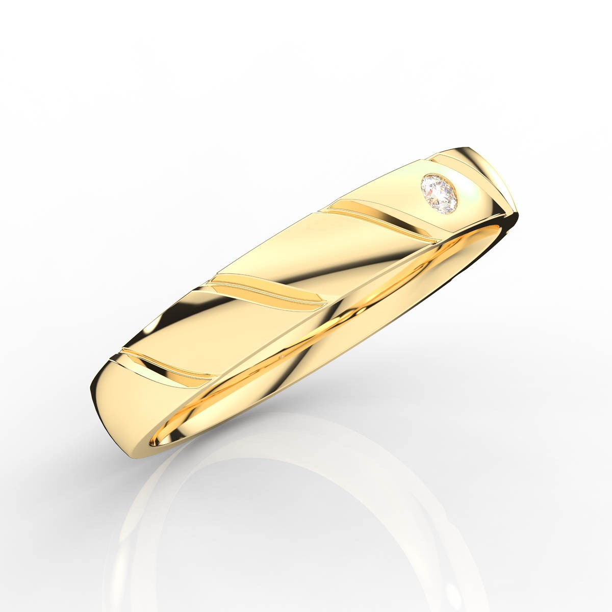 Solitaire Round Diamond Mens Band with Diagonal Grooves