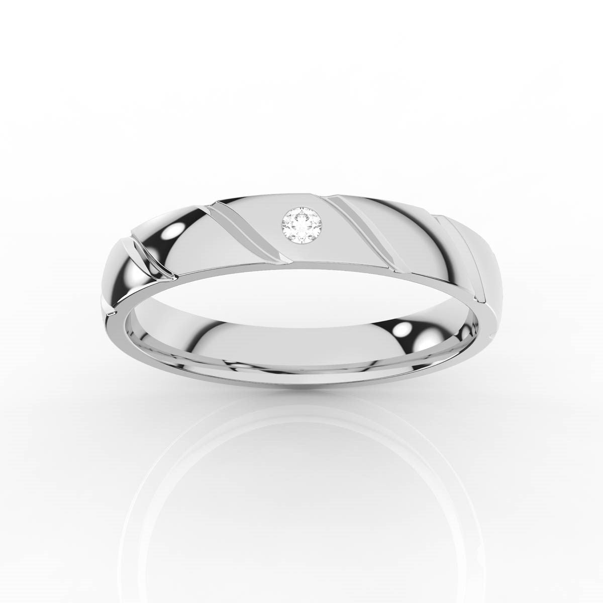 Solitaire Round Diamond Mens Band with Diagonal Grooves