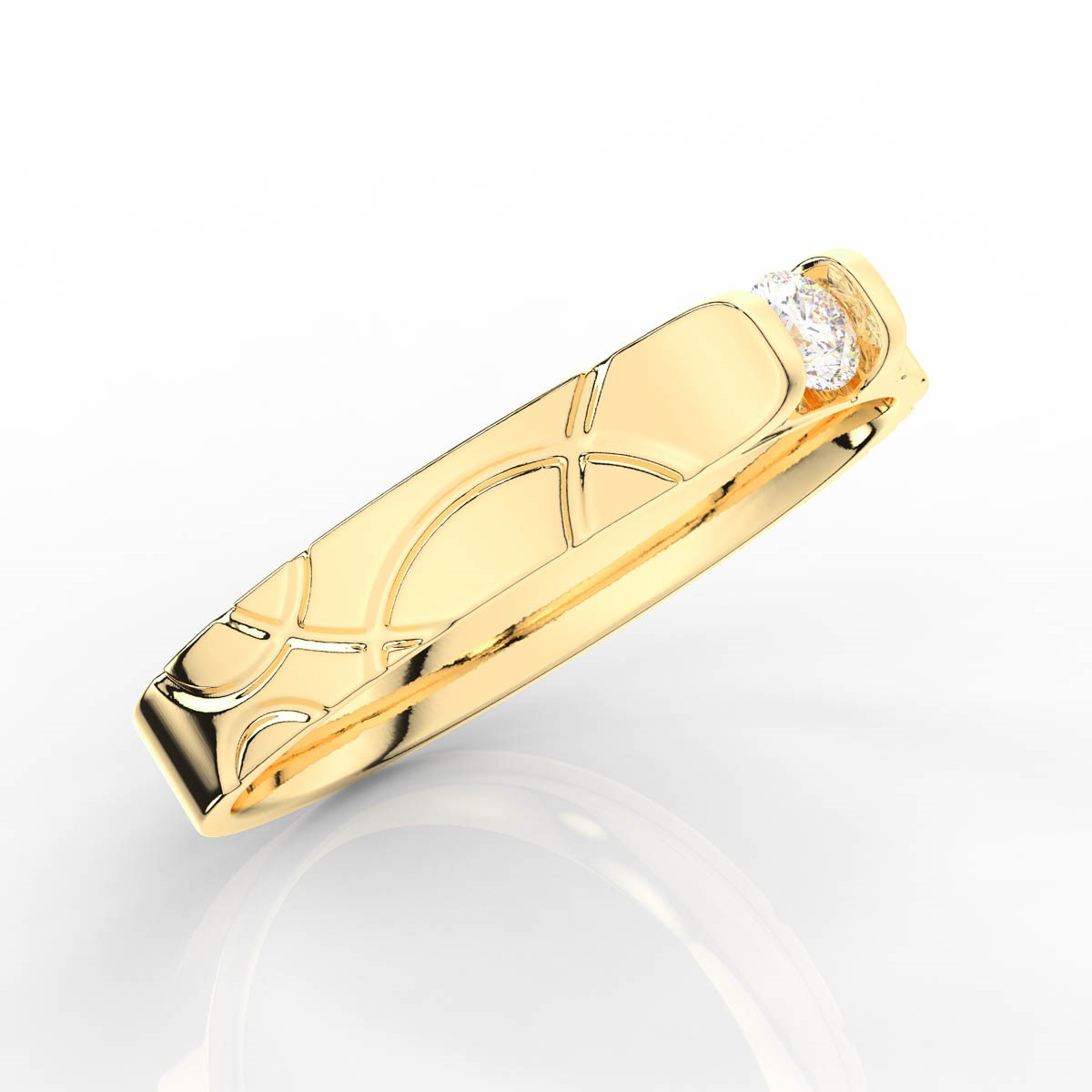 Carved Half Bezel Round Solitaire Diamond Mens Band