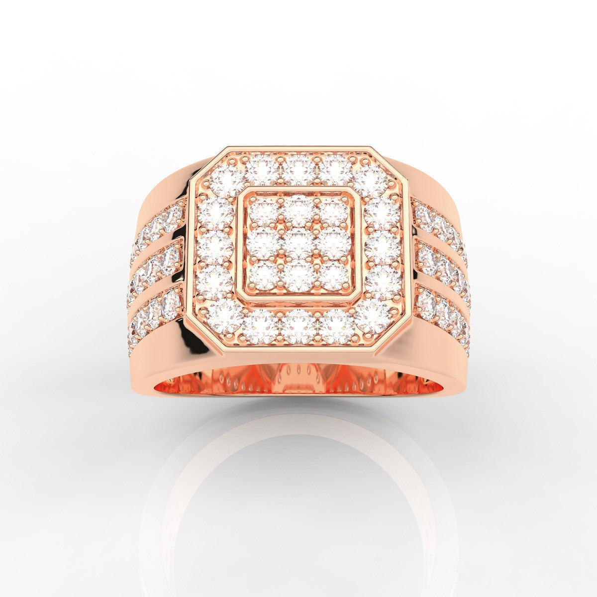Wide Round Cut Prong Set Mens Diamond Ring with Three Row Shank