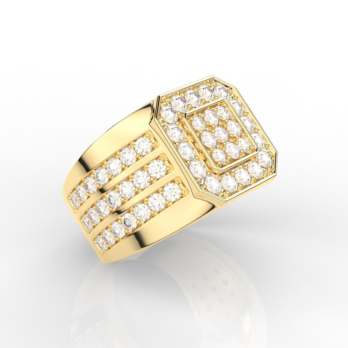Wide Round Cut Prong Set Mens Diamond Ring with Three Row Shank