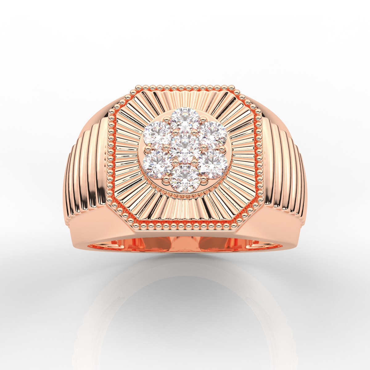 Beautiful Halo Round Cut Prong Set Mens Diamond Ring with Milgrain Detailing