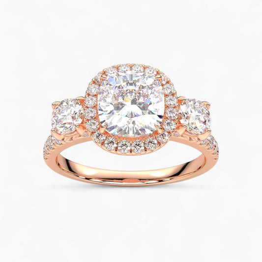 Cushion Cut Halo style Three Stone Diamond Engagement Ring