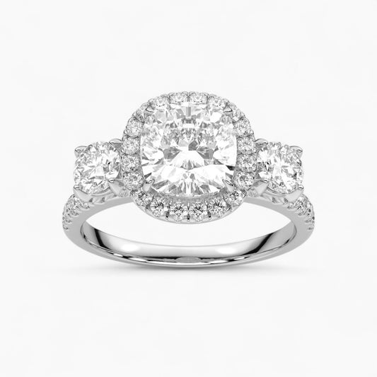 Cushion Cut Halo style Three Stone Diamond Engagement Ring