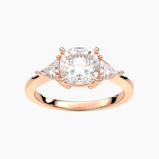 Cushion Cut Three Stone with side Tringle Diamond Engagement Ring